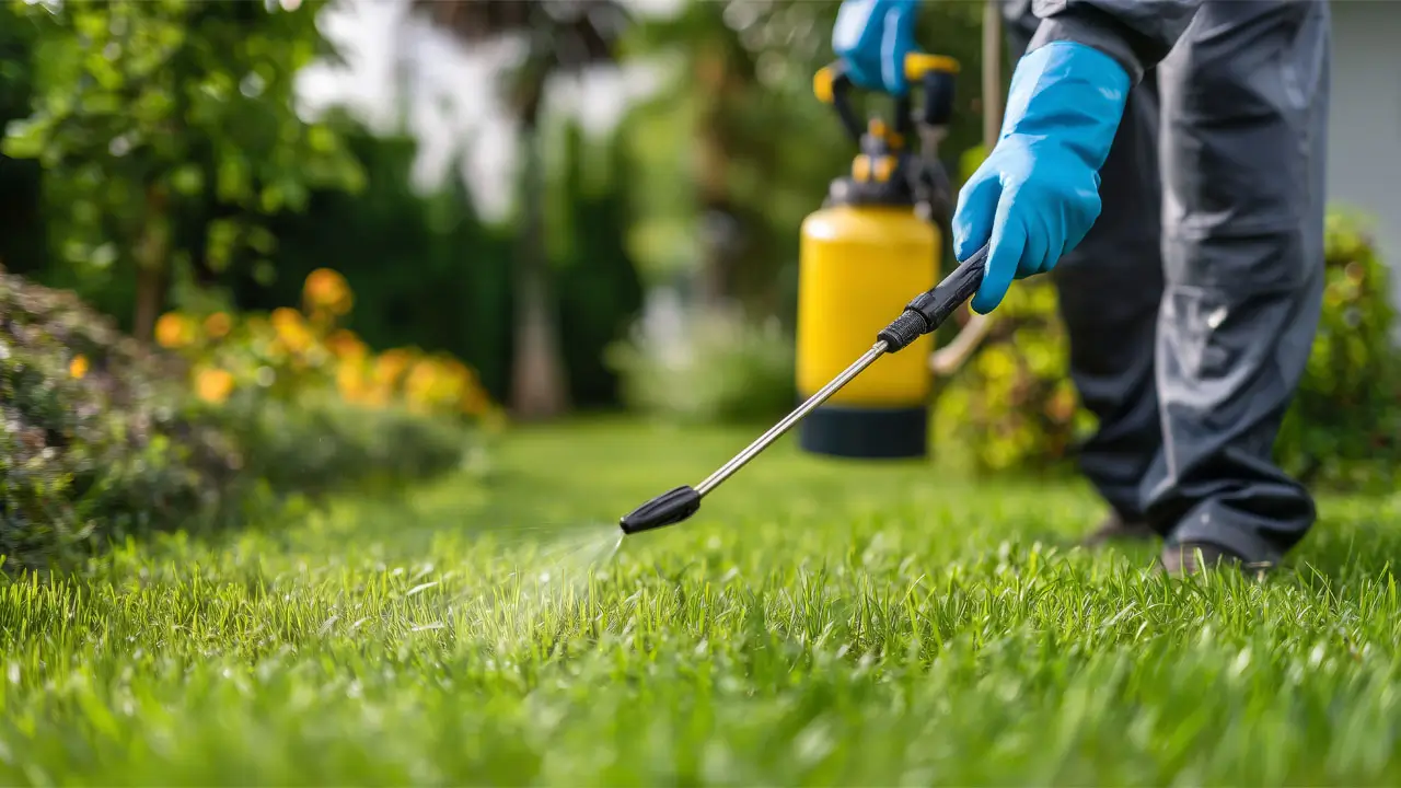 A person wearing blue gloves sprays a lawn with a handheld sprayer, tending to the grass.