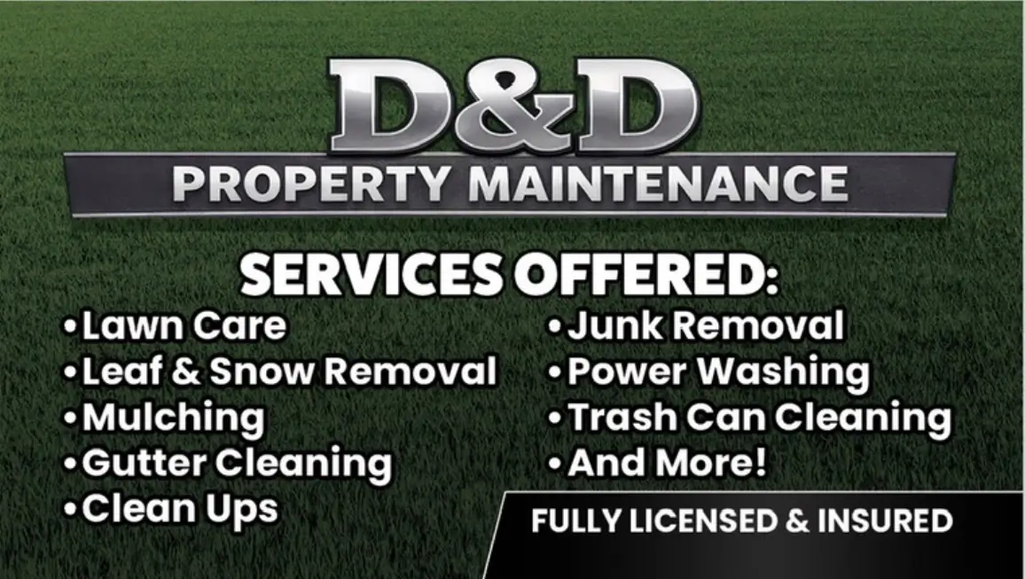 Logo of D & D Property Maintenance Services featuring a house and tools, representing their property care offerings.